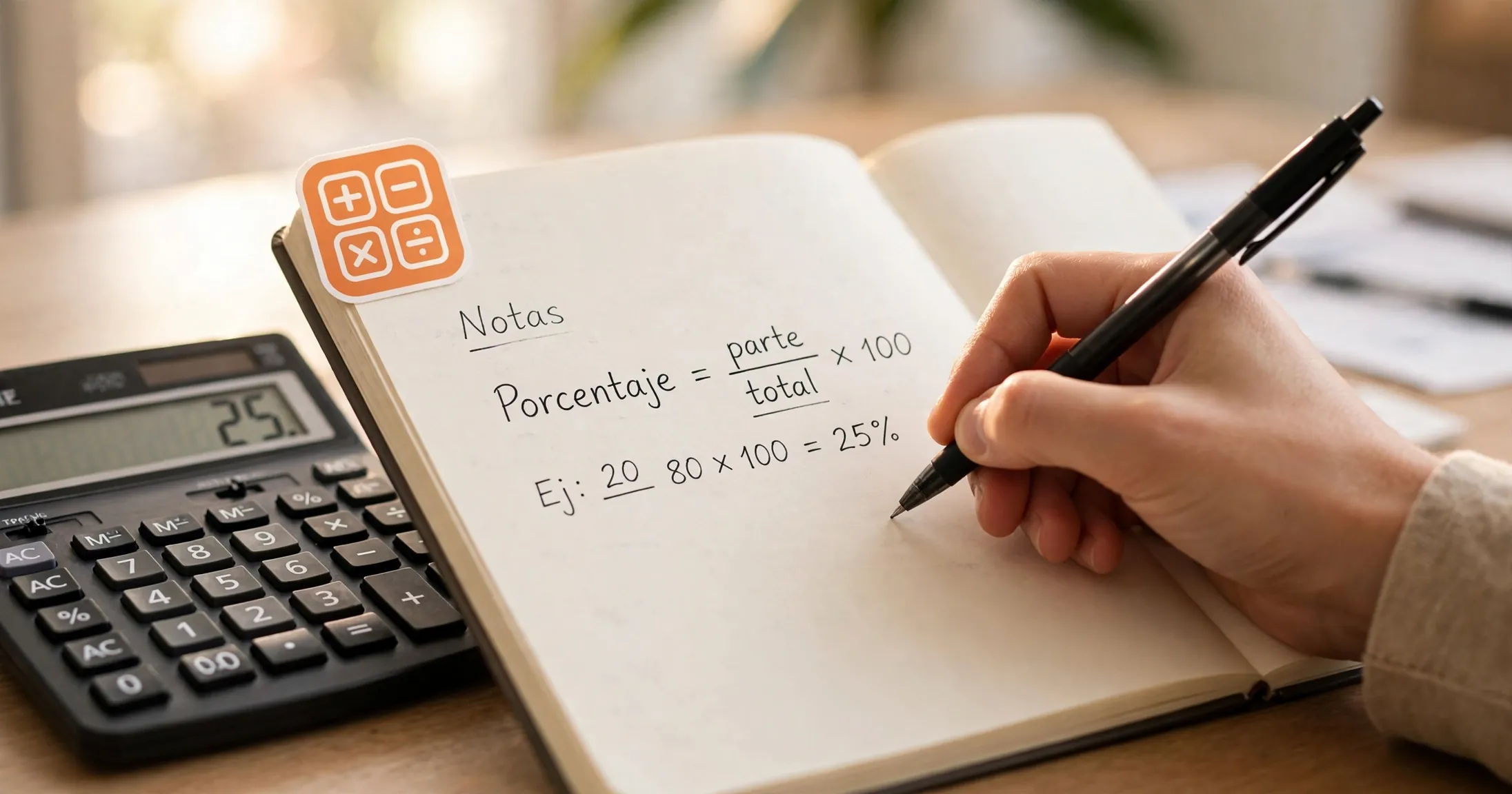 Mano escribiendo la formula para calcular el 19 por ciento de IVA